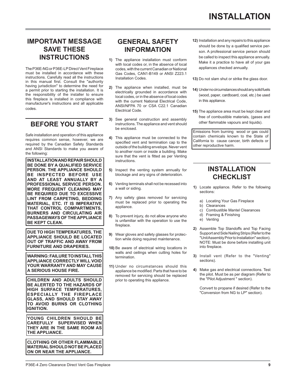 Installation, Important message save these instructions, Before you start | General safety information, Installation checklist | Regency Panorama P36E Medium Gas Fireplace User Manual | Page 9 / 72