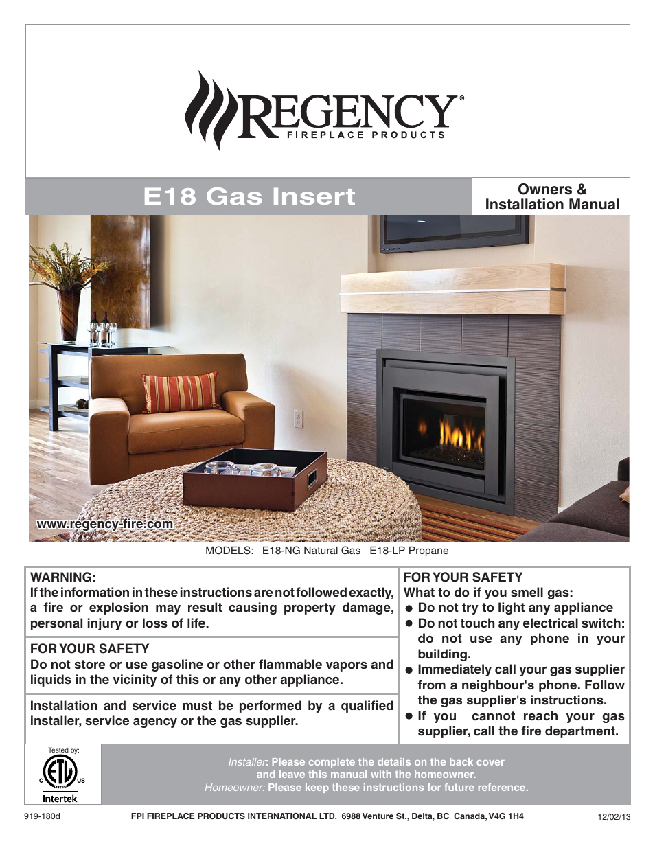 Regency Energy E18 Small Gas Insert User Manual | 68 pages