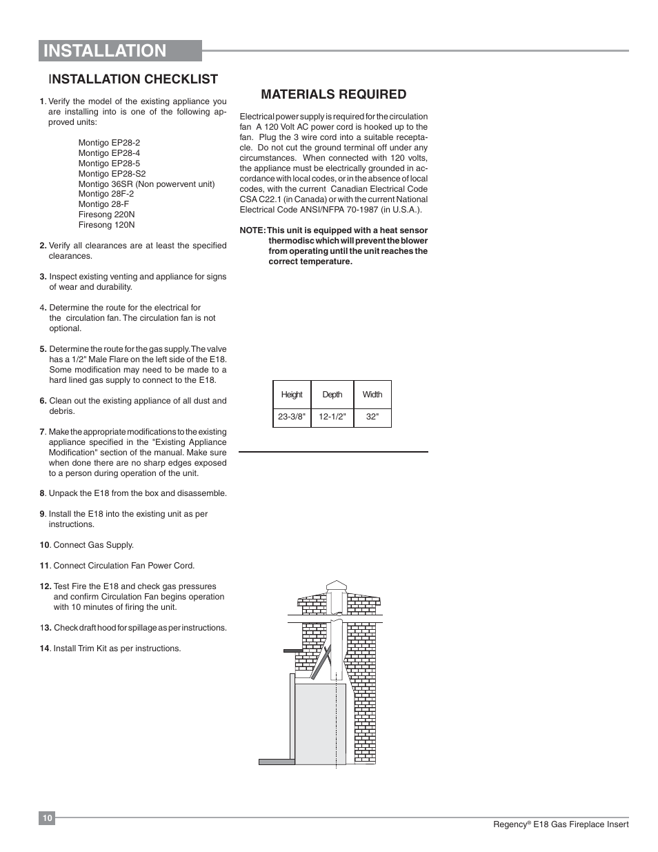 Installation, I nstallation checklist, Materials required | Venting | Regency Energy E18 Small Gas Insert User Manual | Page 10 / 68