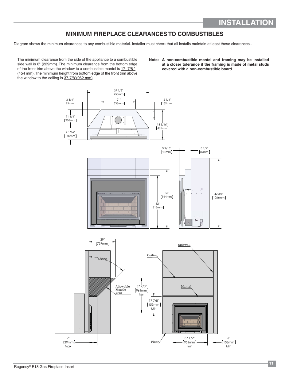Installation, Minimum fireplace clearances to combustibles | Regency Energy E18 Small Gas Insert User Manual | Page 11 / 68