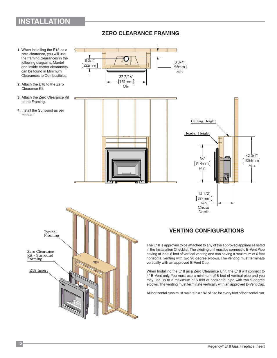 Installation, Zero clearance framing venting configurations | Regency Energy E18 Small Gas Insert User Manual | Page 12 / 68