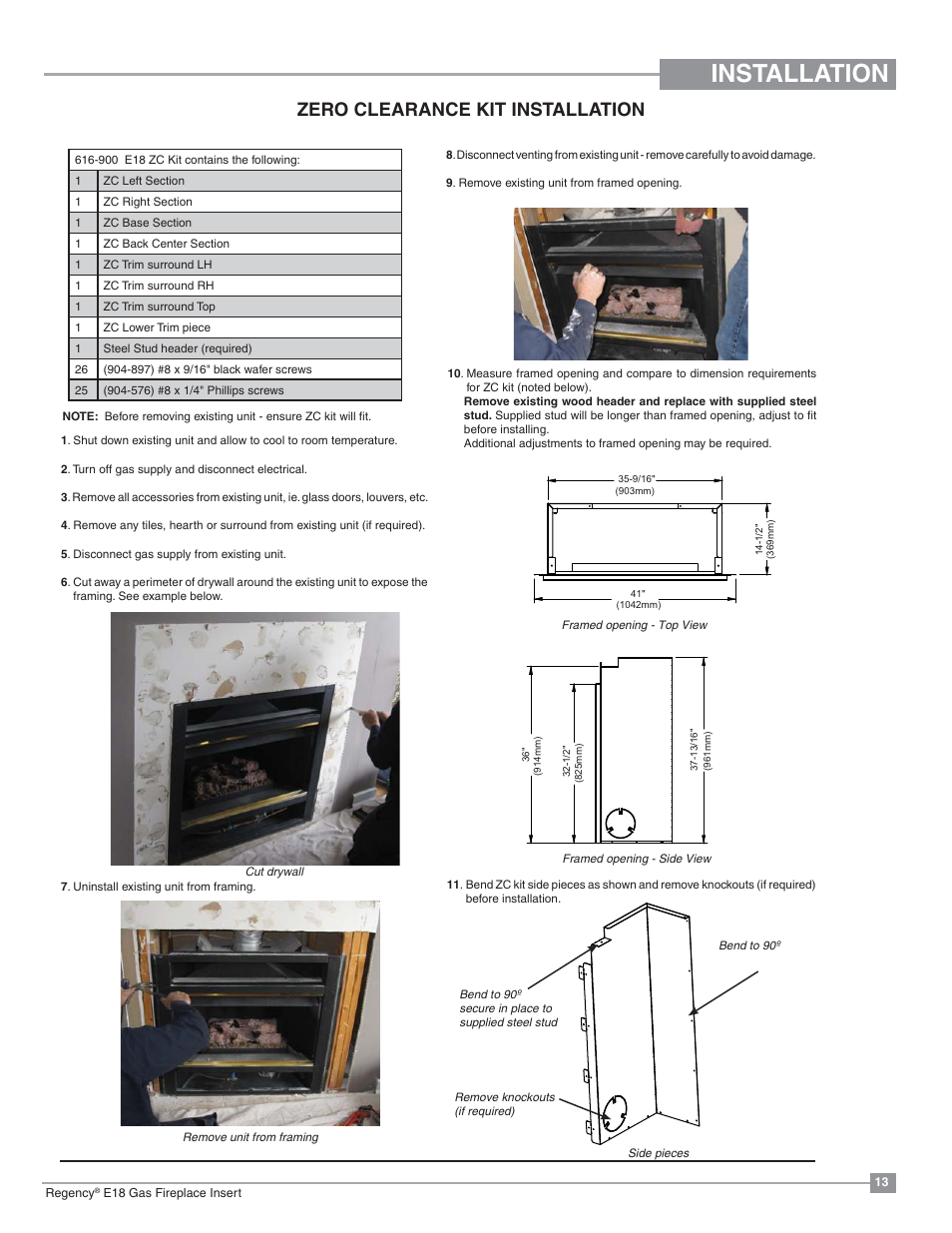 Installation, Zero clearance kit installation | Regency Energy E18 Small Gas Insert User Manual | Page 13 / 68