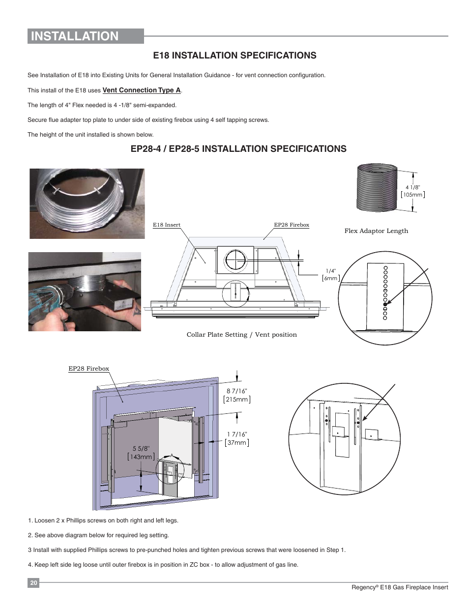 Installation, E18 installation specifications | Regency Energy E18 Small Gas Insert User Manual | Page 20 / 68