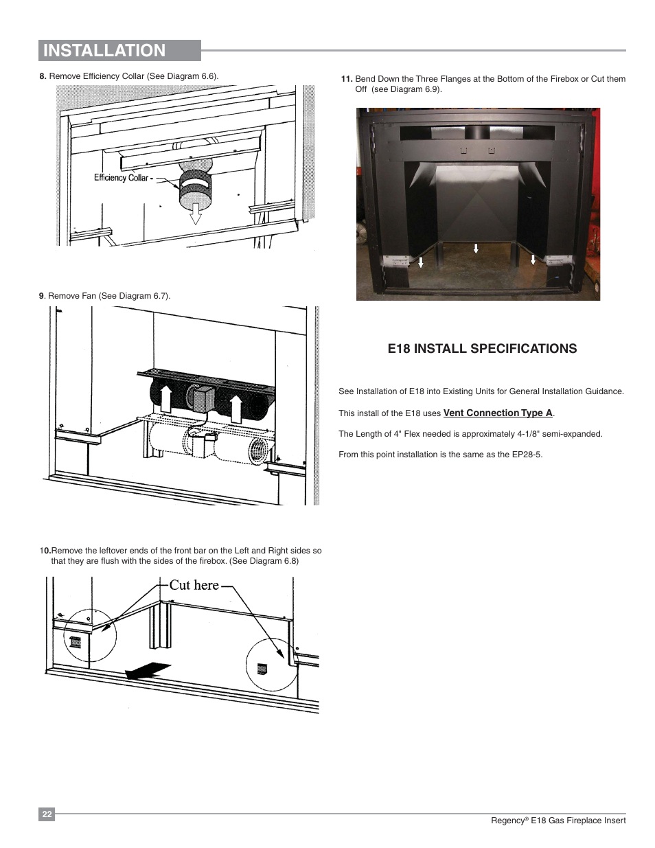 Installation, E18 install specifications | Regency Energy E18 Small Gas Insert User Manual | Page 22 / 68