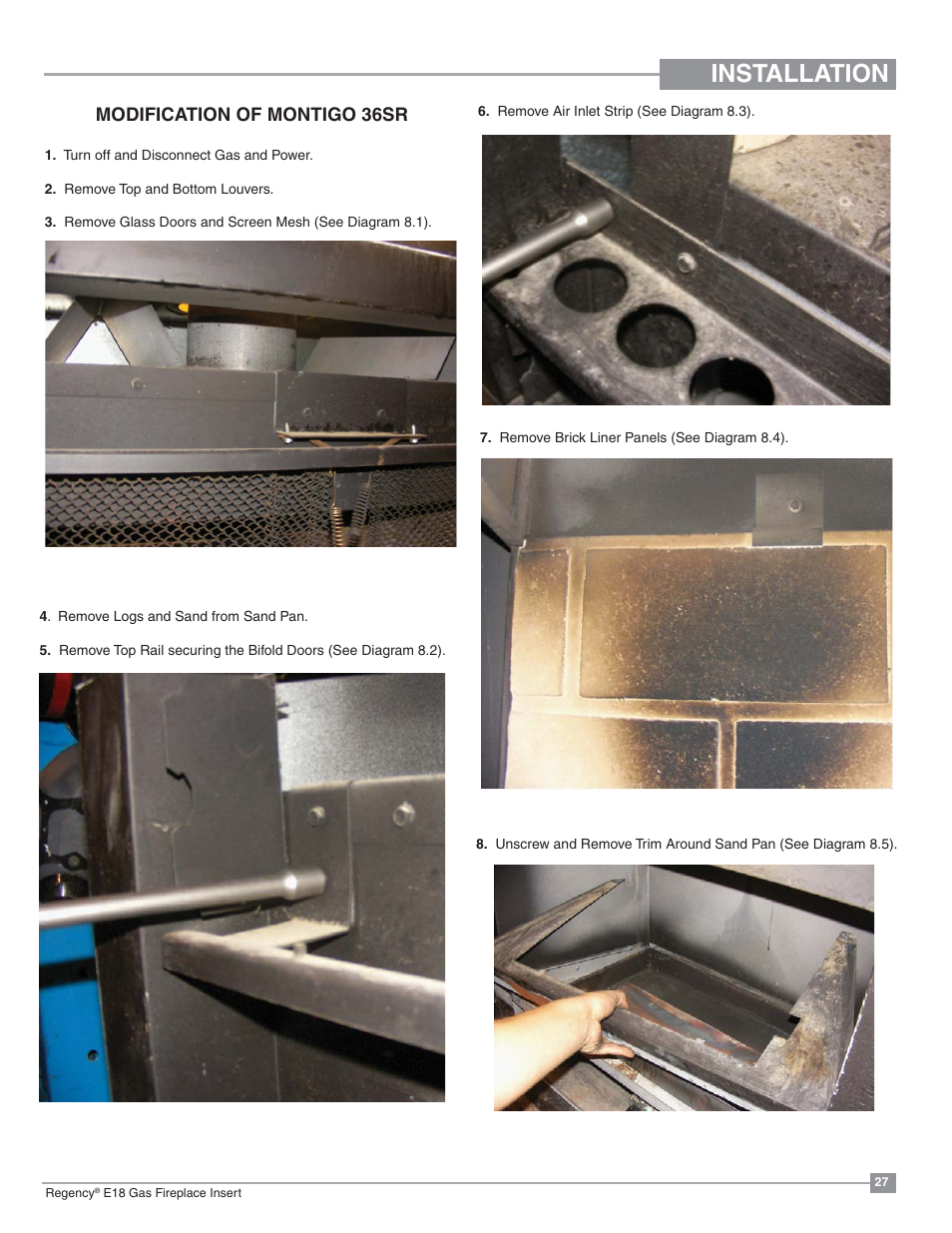 Installation, Modification of montigo 36sr | Regency Energy E18 Small Gas Insert User Manual | Page 27 / 68