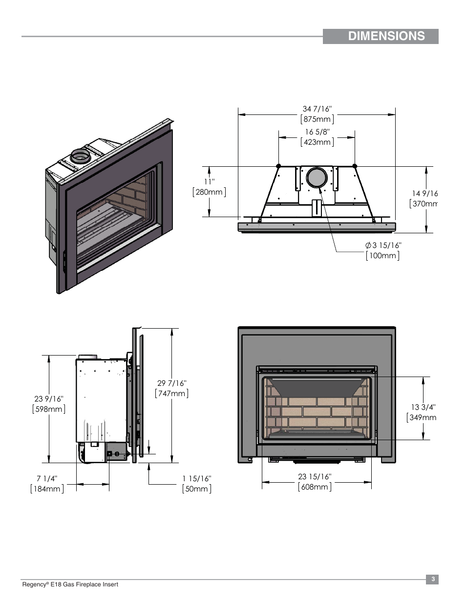 Dimensions | Regency Energy E18 Small Gas Insert User Manual | Page 3 / 68