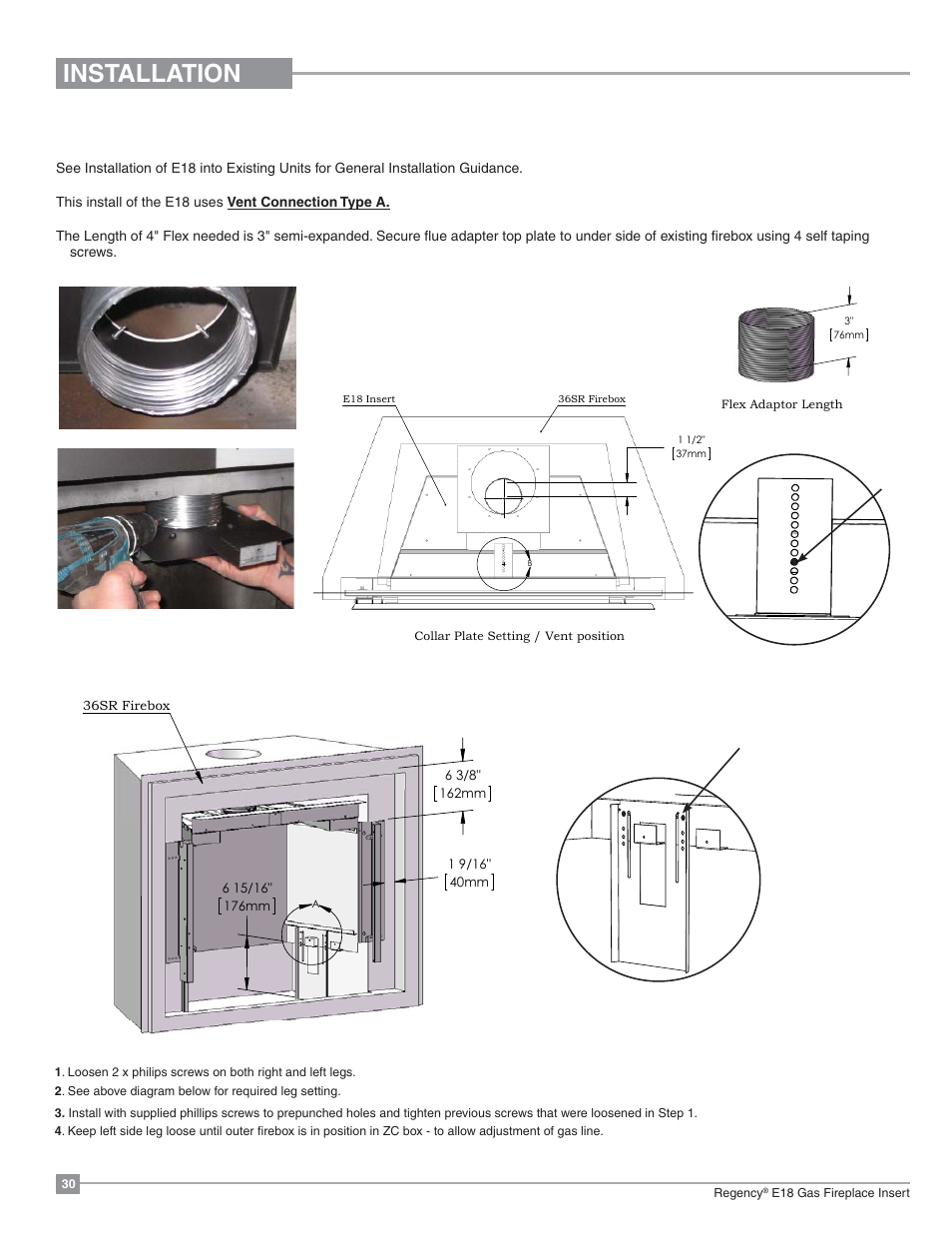 Installation, E18 install specifications | Regency Energy E18 Small Gas Insert User Manual | Page 30 / 68