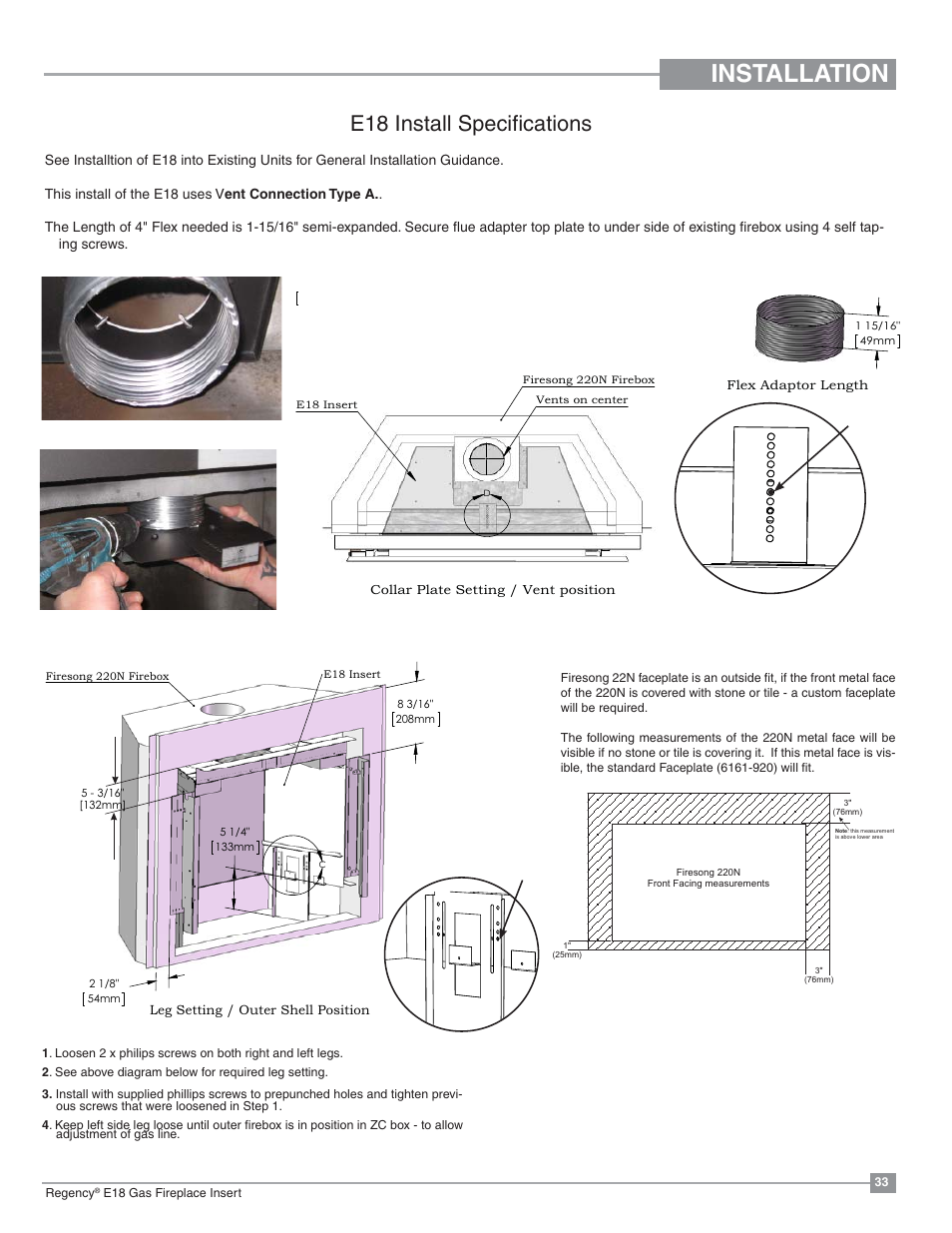 Installation, E18 install specifi cations | Regency Energy E18 Small Gas Insert User Manual | Page 33 / 68