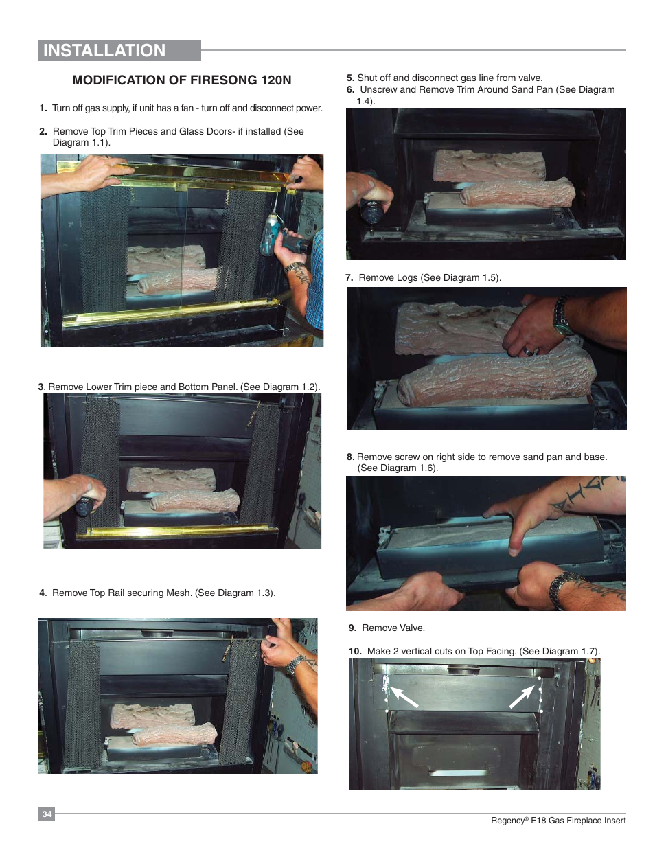 Installation, Modification of firesong 120n | Regency Energy E18 Small Gas Insert User Manual | Page 34 / 68