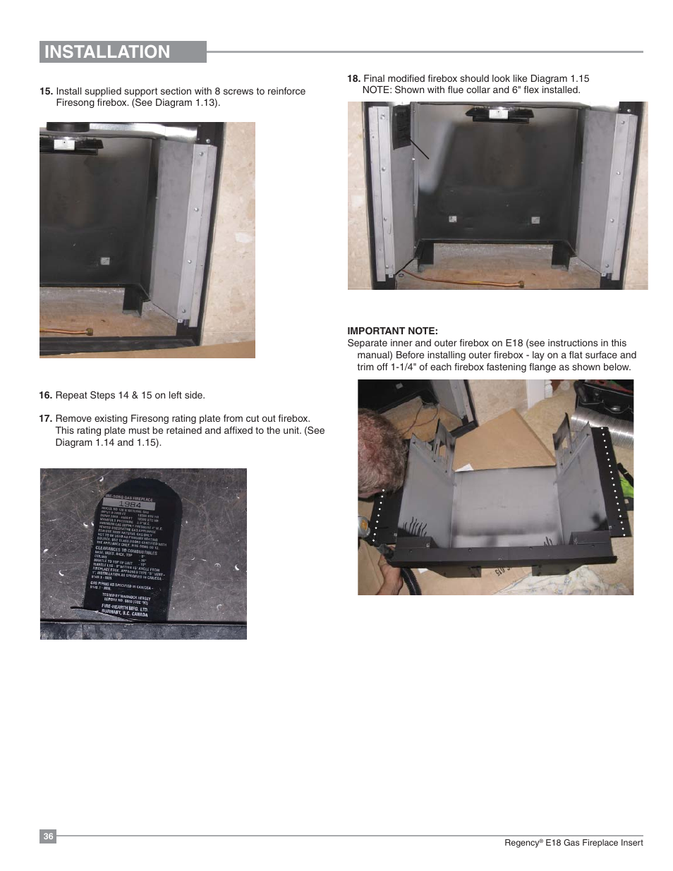 Installation | Regency Energy E18 Small Gas Insert User Manual | Page 36 / 68