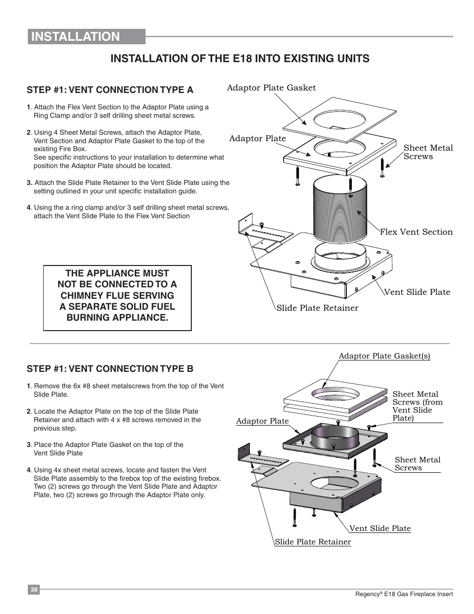 Installation, Installation of the e18 into existing units | Regency Energy E18 Small Gas Insert User Manual | Page 38 / 68