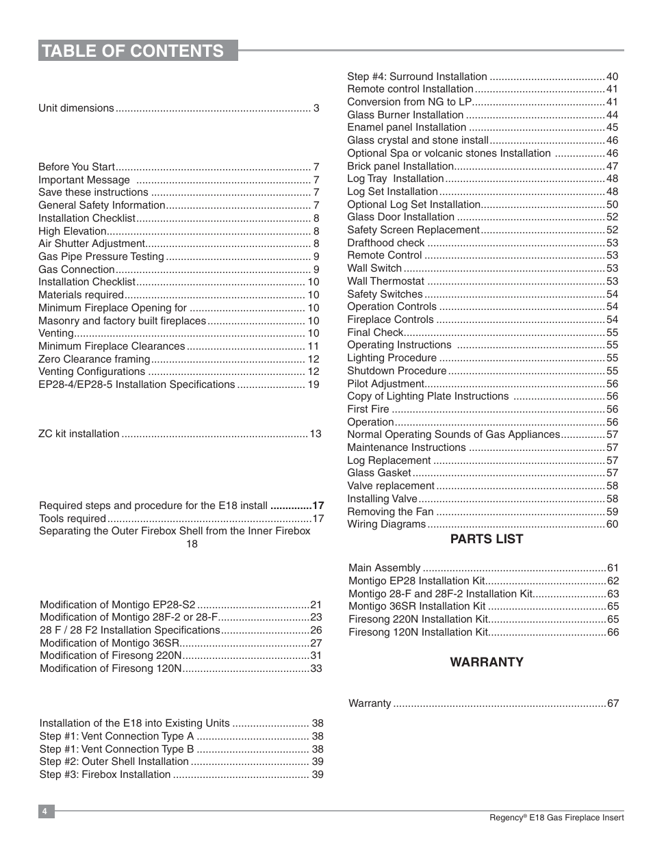 Regency Energy E18 Small Gas Insert User Manual | Page 4 / 68