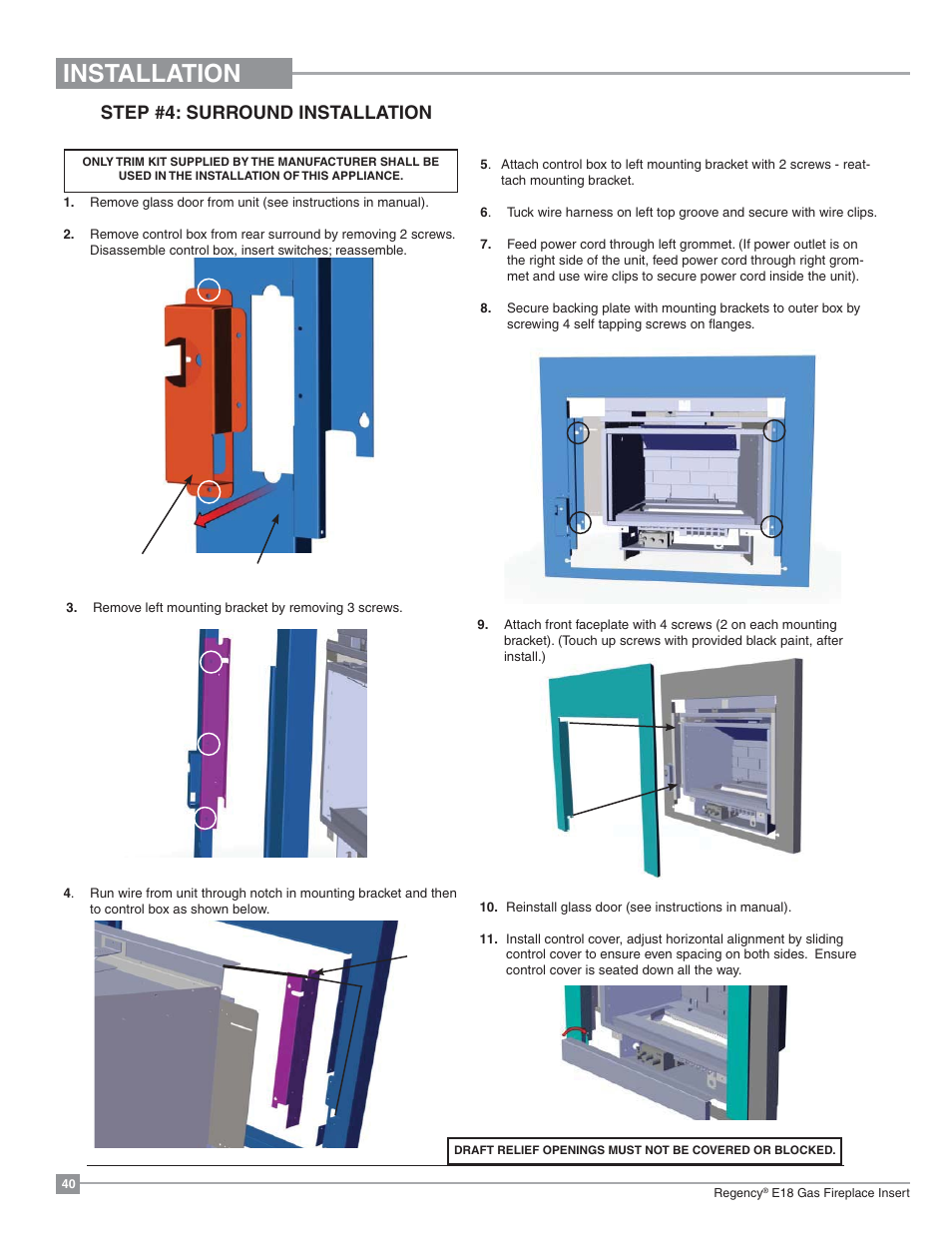 Installation, Step #4: surround installation | Regency Energy E18 Small Gas Insert User Manual | Page 40 / 68