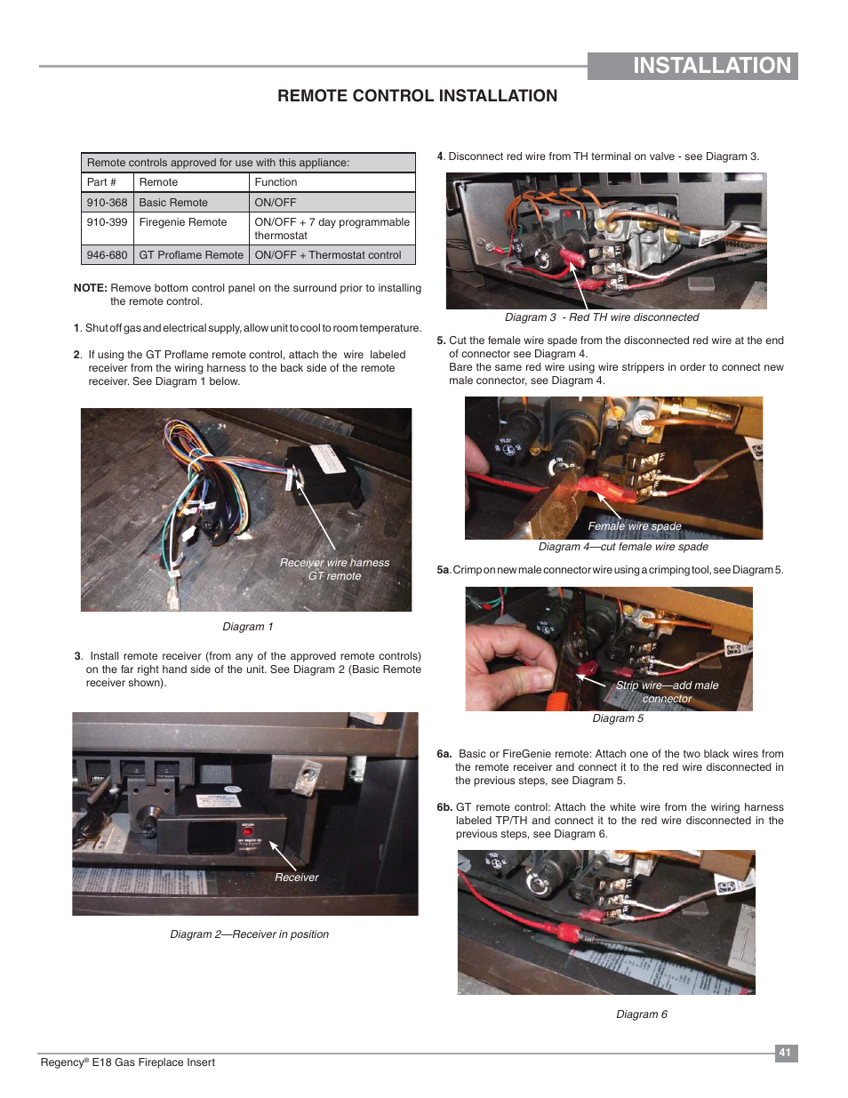 Installation, Remote control installation | Regency Energy E18 Small Gas Insert User Manual | Page 41 / 68