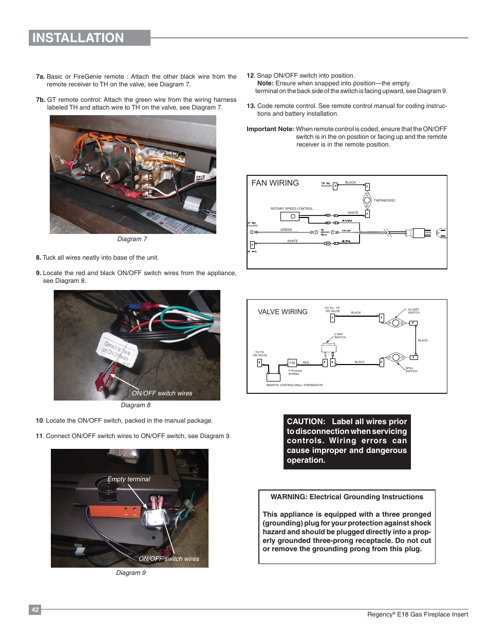 Installation, Fan wiring | Regency Energy E18 Small Gas Insert User Manual | Page 42 / 68