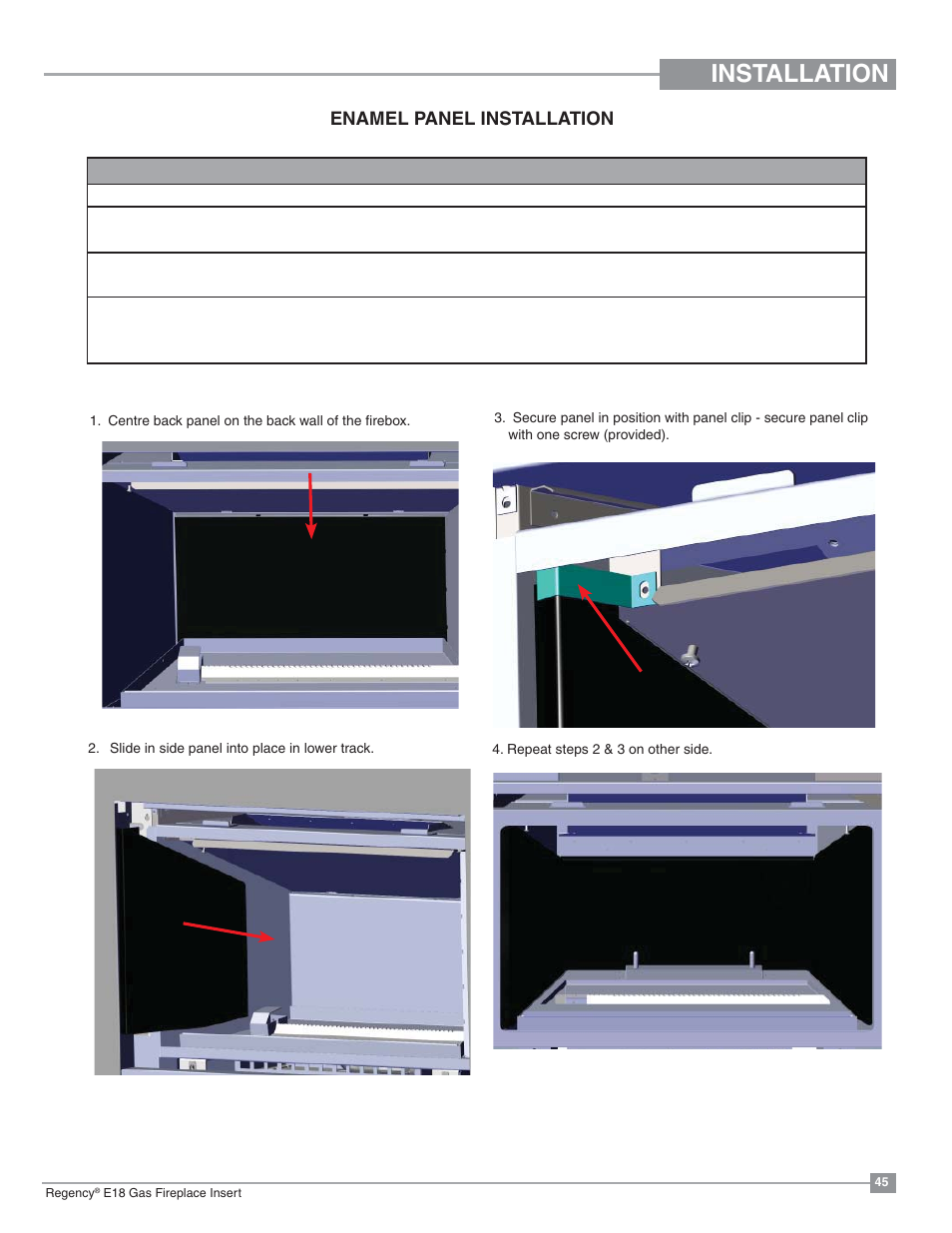 Installation, Enamel panel installation | Regency Energy E18 Small Gas Insert User Manual | Page 45 / 68