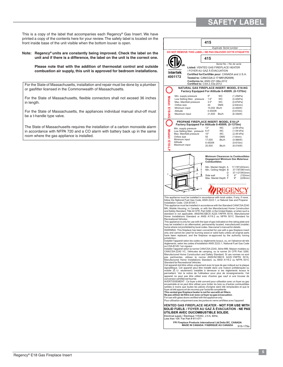 Safety label | Regency Energy E18 Small Gas Insert User Manual | Page 5 / 68