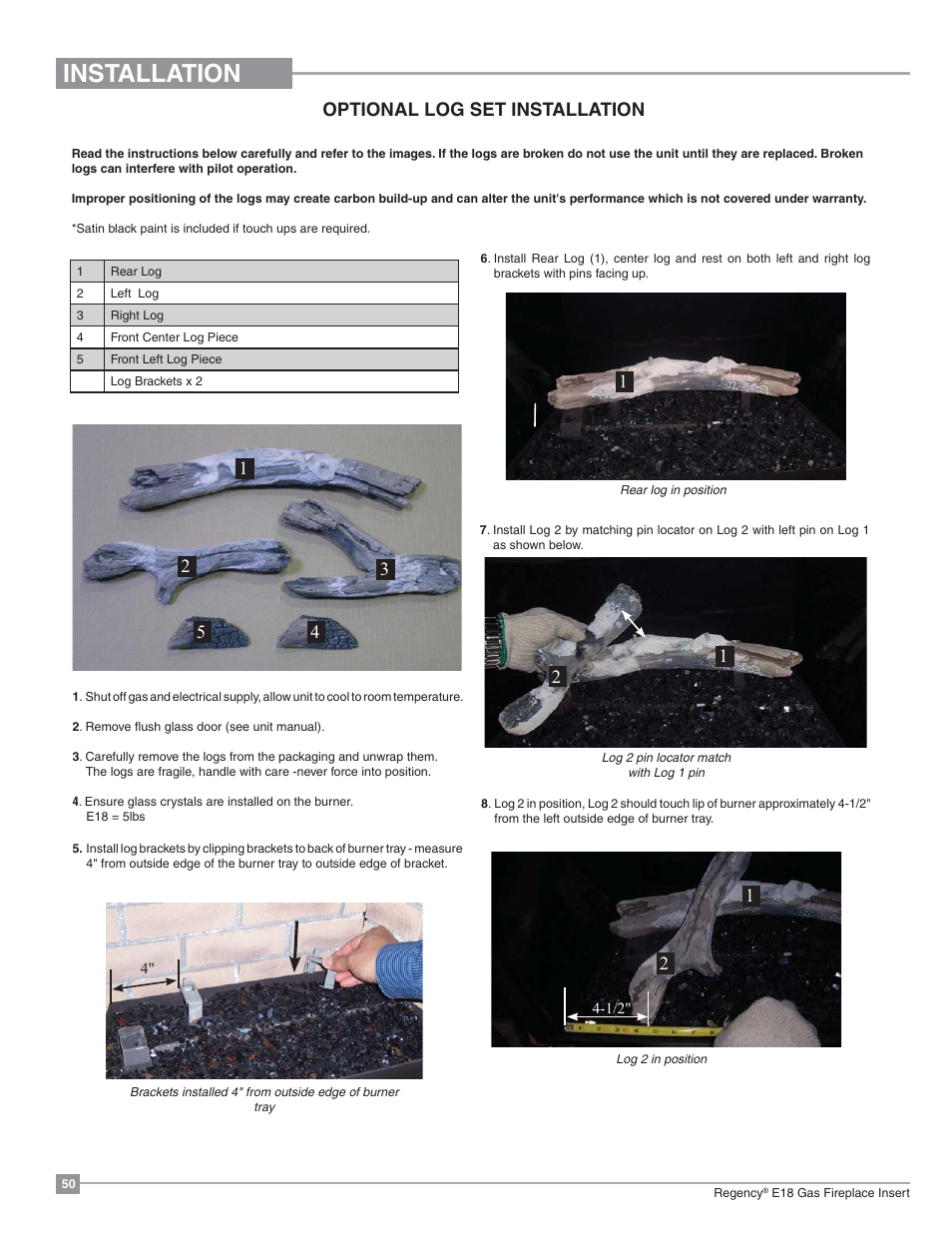 Installation, Optional log set installation | Regency Energy E18 Small Gas Insert User Manual | Page 50 / 68