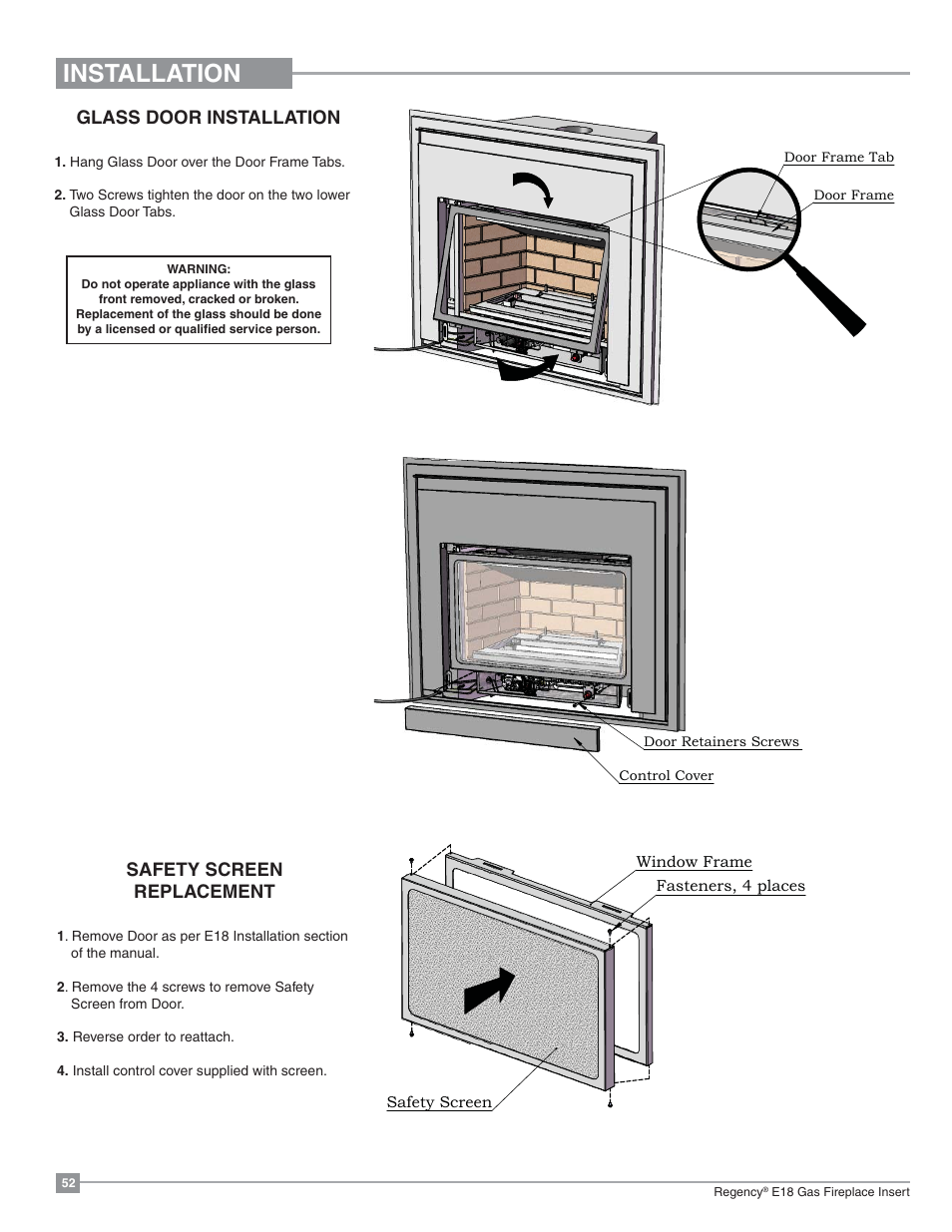 Installation, Safety screen replacement, Glass door installation | Regency Energy E18 Small Gas Insert User Manual | Page 52 / 68