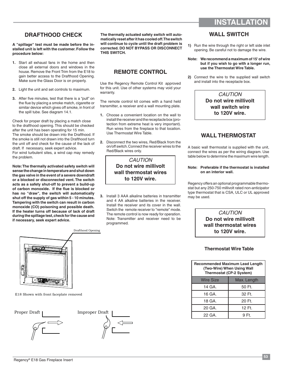 Installation, Wall switch, Remote control | Wall thermostat, Drafthood check | Regency Energy E18 Small Gas Insert User Manual | Page 53 / 68