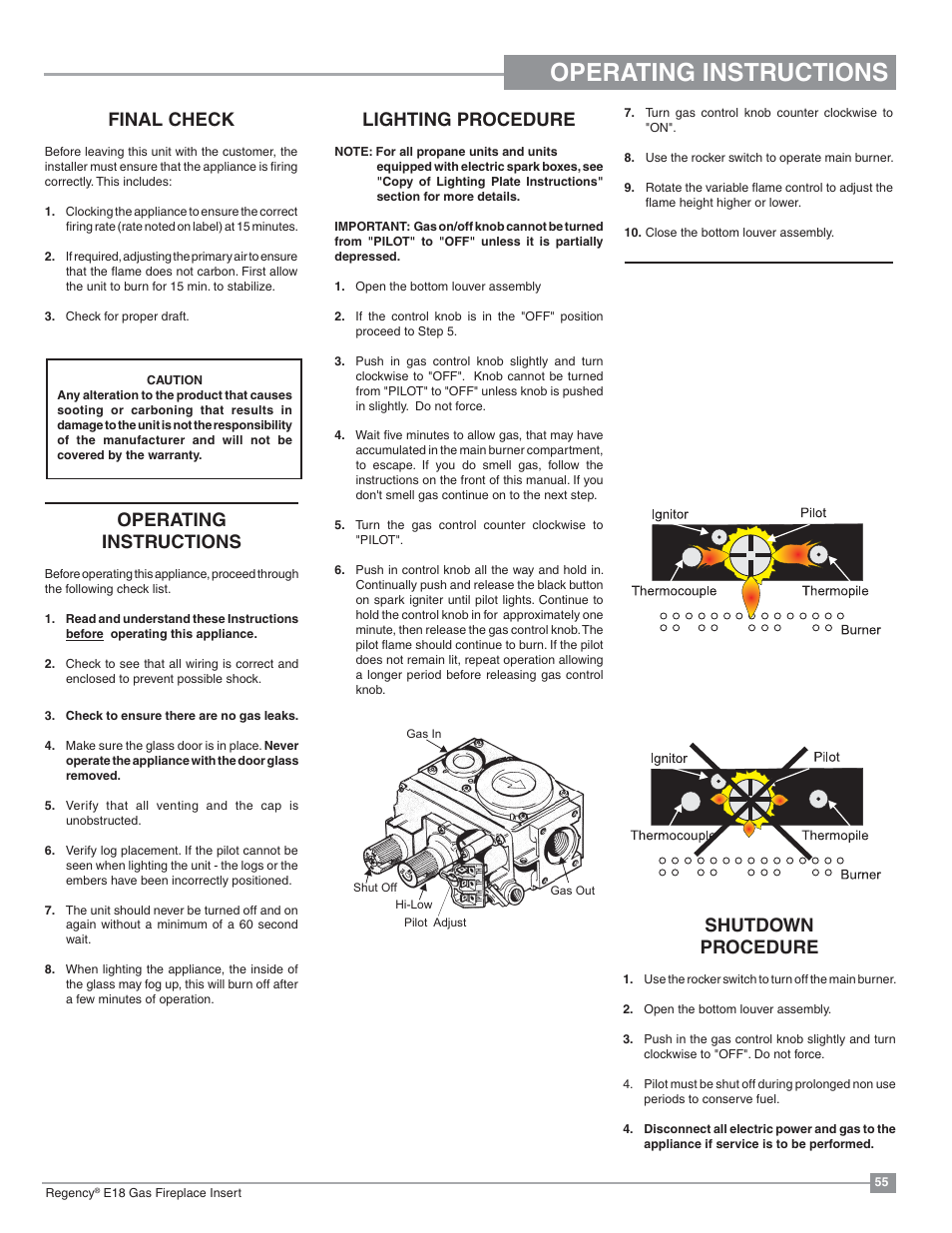 Installation operating instructions, Final check, Operating instructions | Lighting procedure, Shutdown procedure, Pilot adjustment | Regency Energy E18 Small Gas Insert User Manual | Page 55 / 68