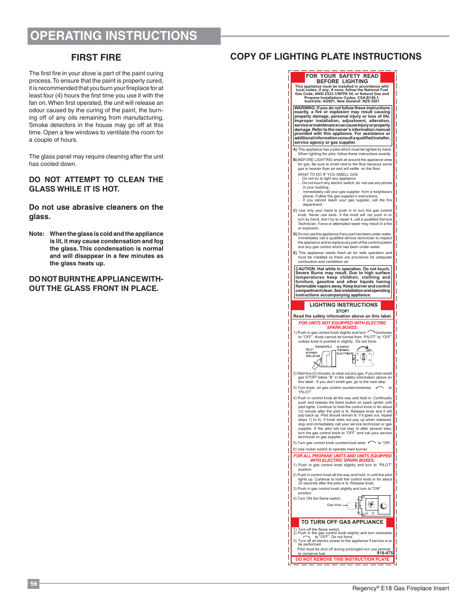 Operating instructions, Copy of lighting plate instructions, First fire | 56 regency, E18 gas fireplace insert 56 | Regency Energy E18 Small Gas Insert User Manual | Page 56 / 68
