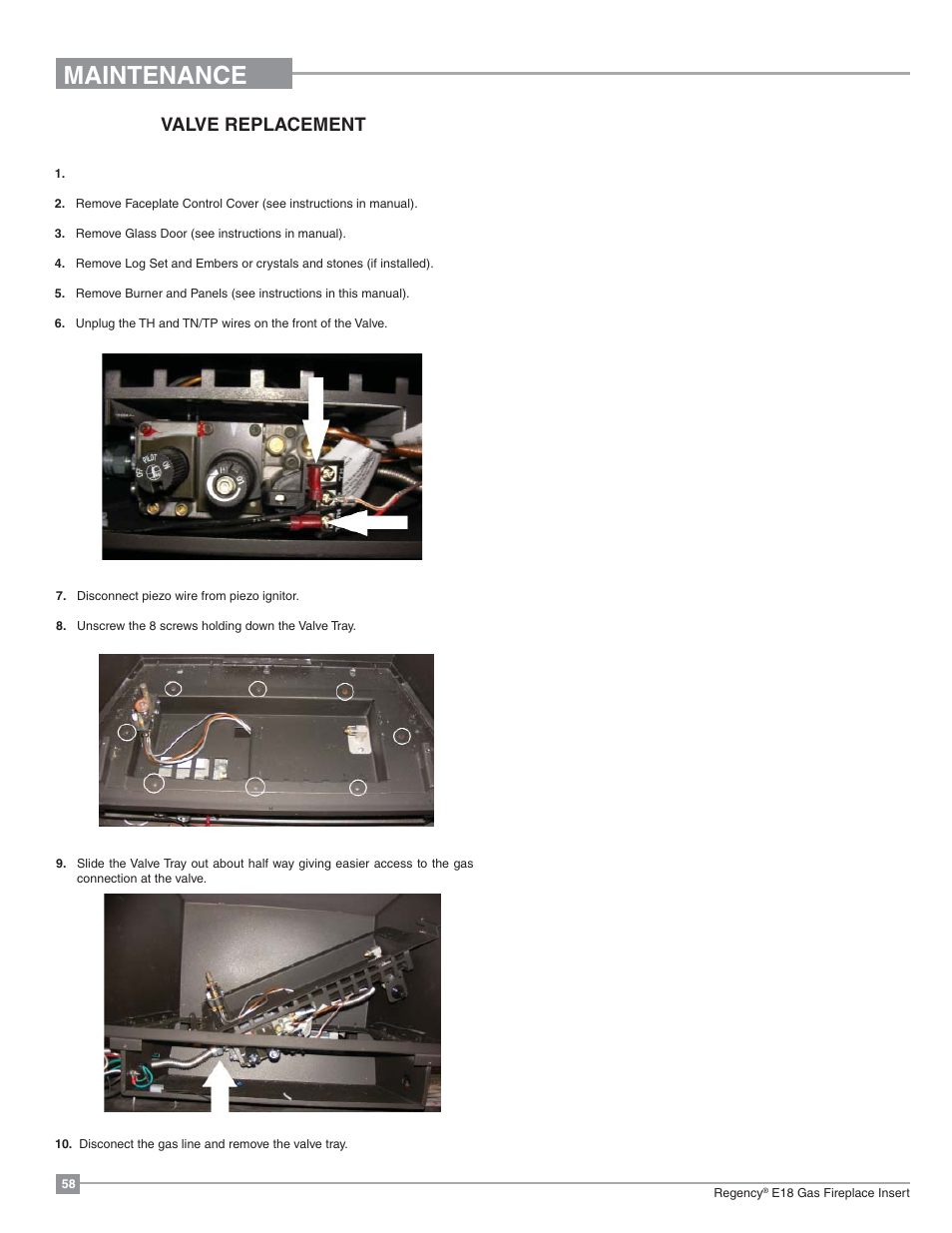 Maintenance, Valve replacement installing valve | Regency Energy E18 Small Gas Insert User Manual | Page 58 / 68
