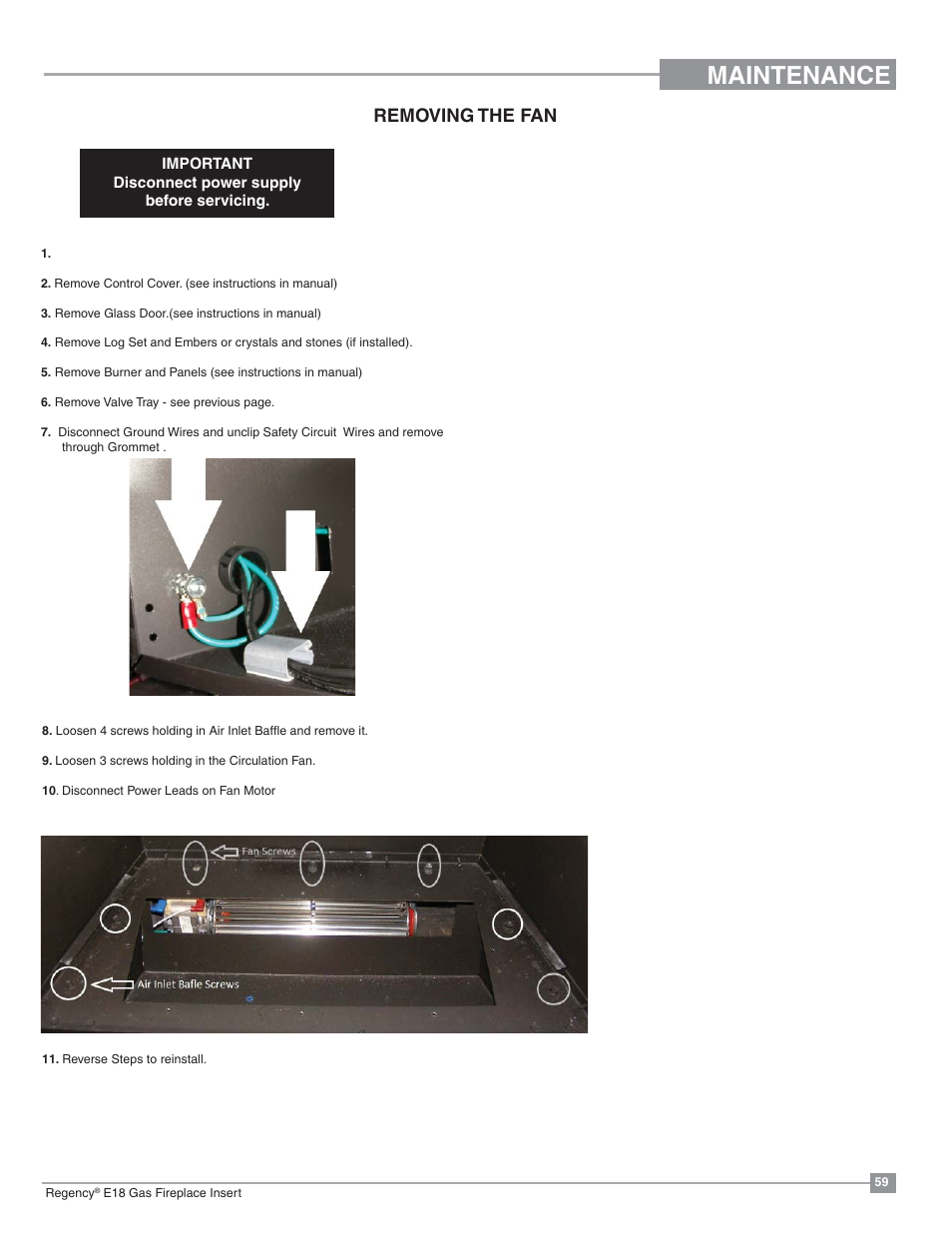 Maintenance, Removing the fan | Regency Energy E18 Small Gas Insert User Manual | Page 59 / 68