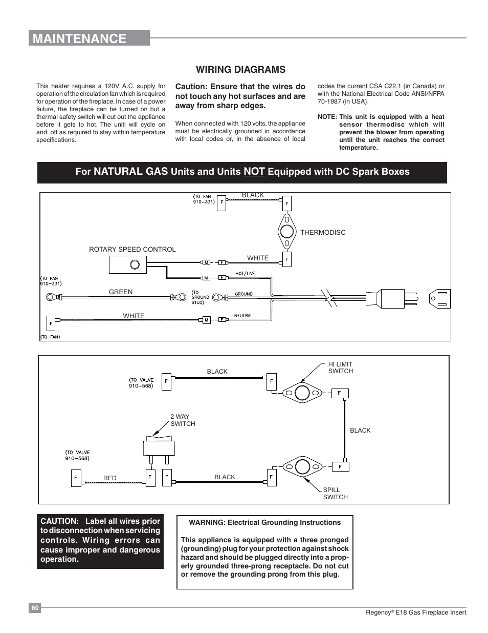 Maintenance, Natural gas, Wiring diagrams | Units and units, Equipped with dc spark boxes | Regency Energy E18 Small Gas Insert User Manual | Page 60 / 68