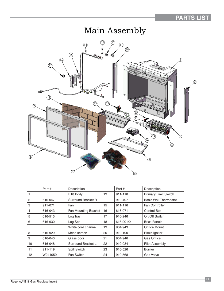 0dlq$vvhpeo, Parts list | Regency Energy E18 Small Gas Insert User Manual | Page 61 / 68