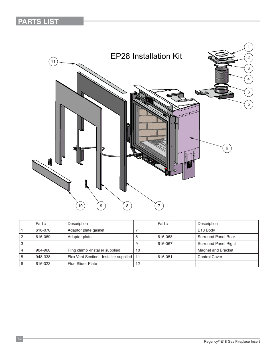 3,qvwdoodwlrq.lw, Parts list | Regency Energy E18 Small Gas Insert User Manual | Page 62 / 68