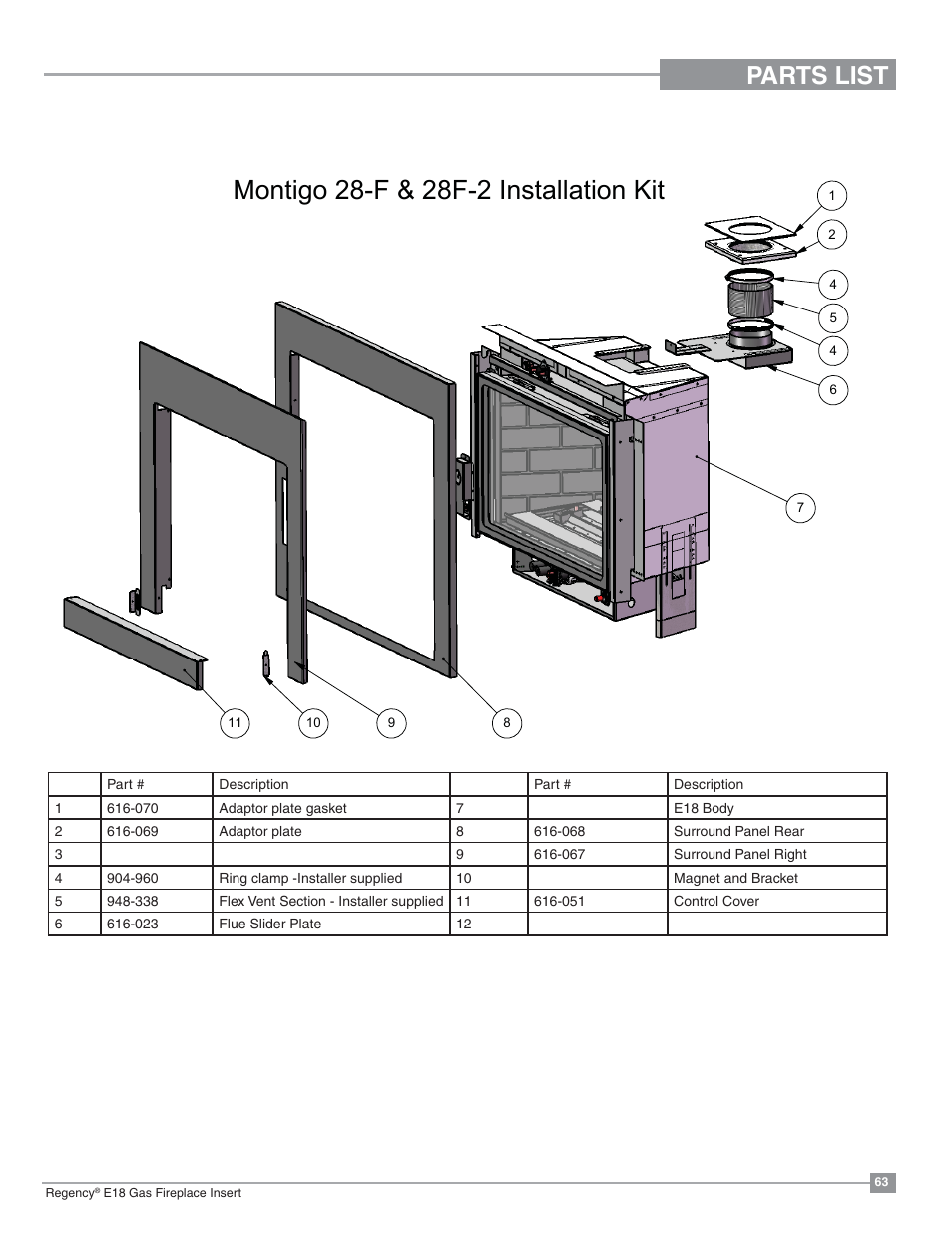 0rqwljr) ),qvwdoodwlrq.lw, Parts list | Regency Energy E18 Small Gas Insert User Manual | Page 63 / 68