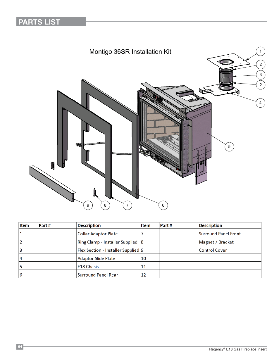Parts list, 0rqwljr65,qvwdoodwlrq.lw | Regency Energy E18 Small Gas Insert User Manual | Page 64 / 68