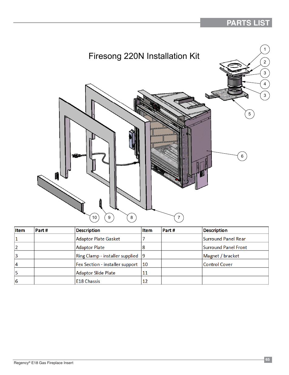 Luhvrqj1,qvwdoodwlrq.lw, Parts list | Regency Energy E18 Small Gas Insert User Manual | Page 65 / 68