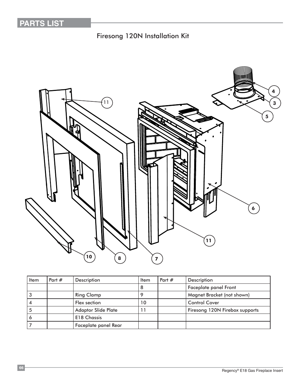Parts list, Firesong 120n installation kit | Regency Energy E18 Small Gas Insert User Manual | Page 66 / 68