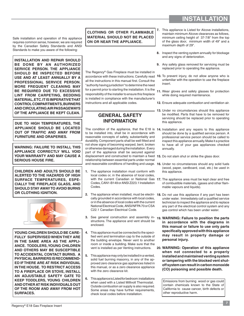 Installation, Before you start, Important message save these instructions | General safety information | Regency Energy E18 Small Gas Insert User Manual | Page 7 / 68