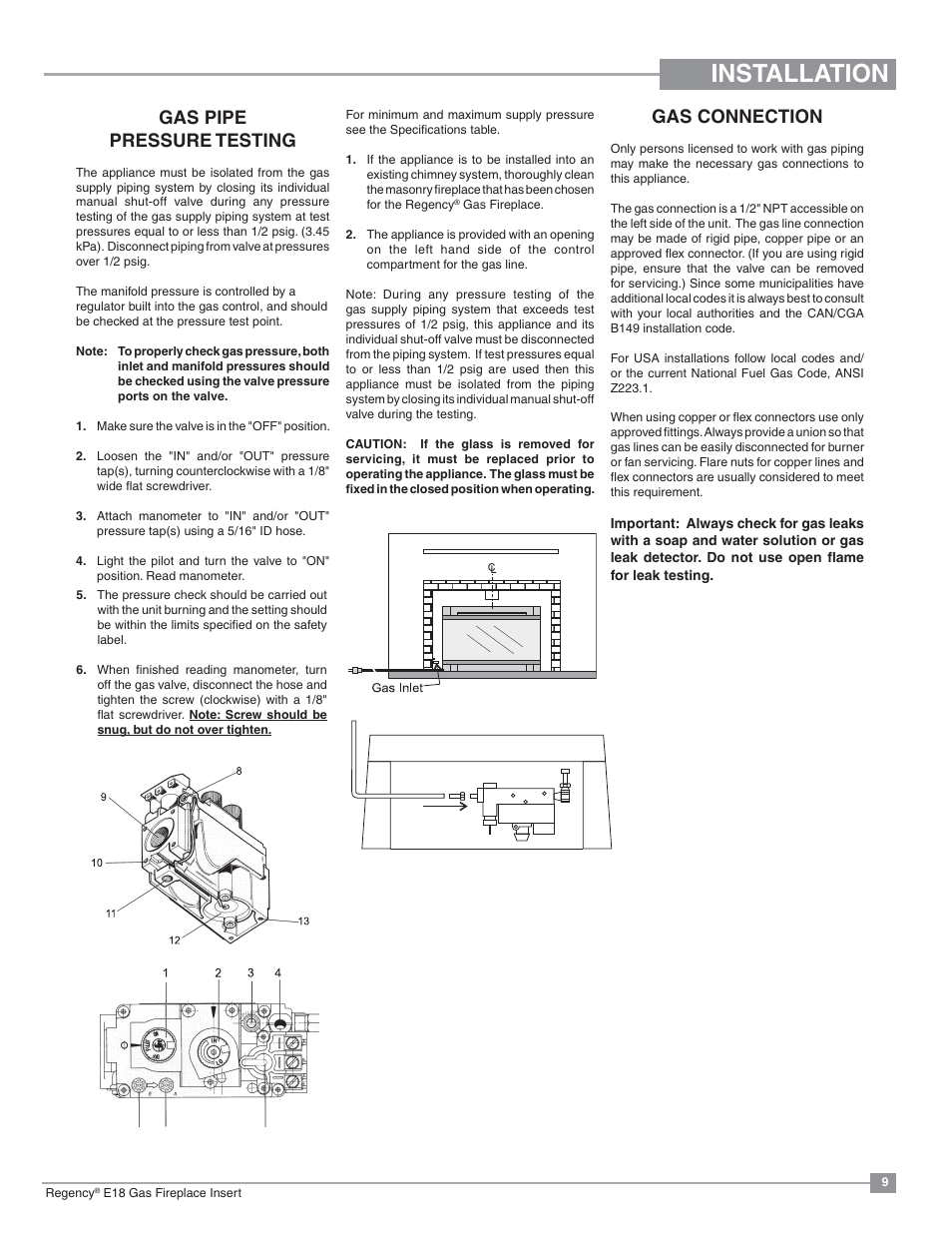 Installation, Gas connection, Gas pipe pressure testing | Regency Energy E18 Small Gas Insert User Manual | Page 9 / 68