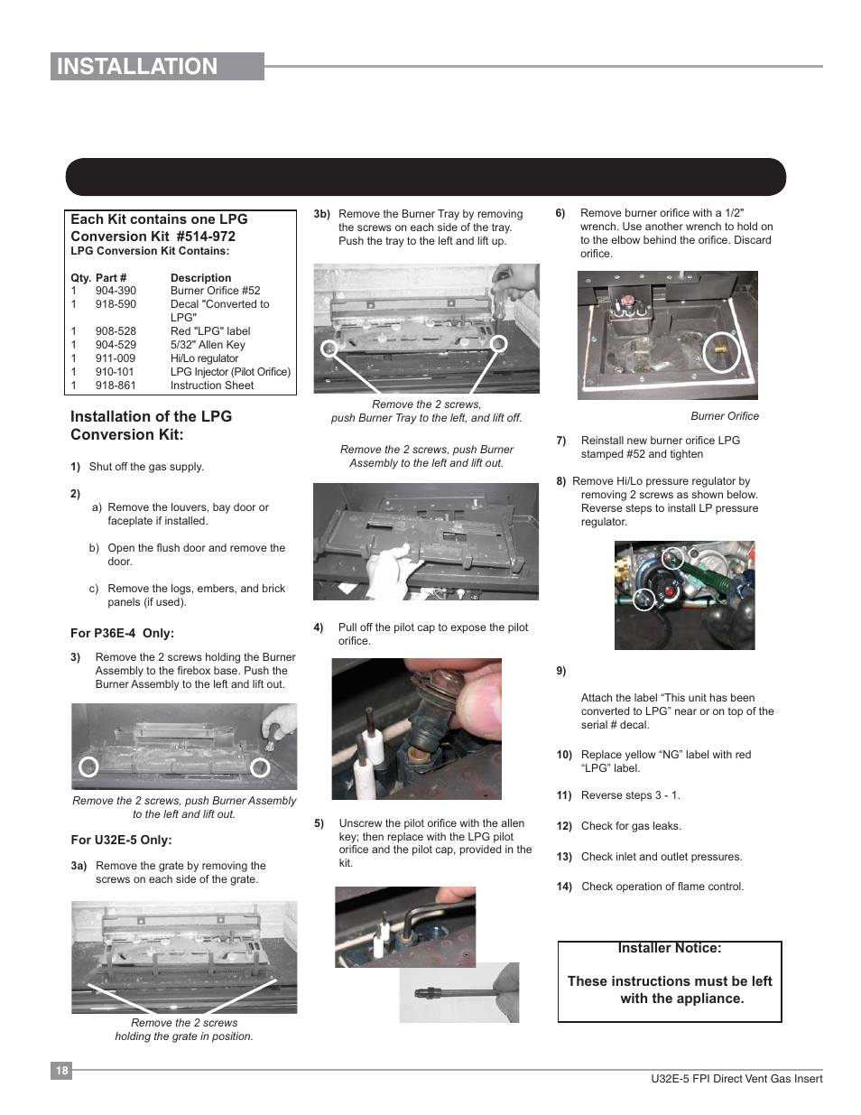 Installation, Conversion from ng to lp, Installation of the lpg conversion kit | Regency Energy U32E Medium Gas Insert User Manual | Page 18 / 48