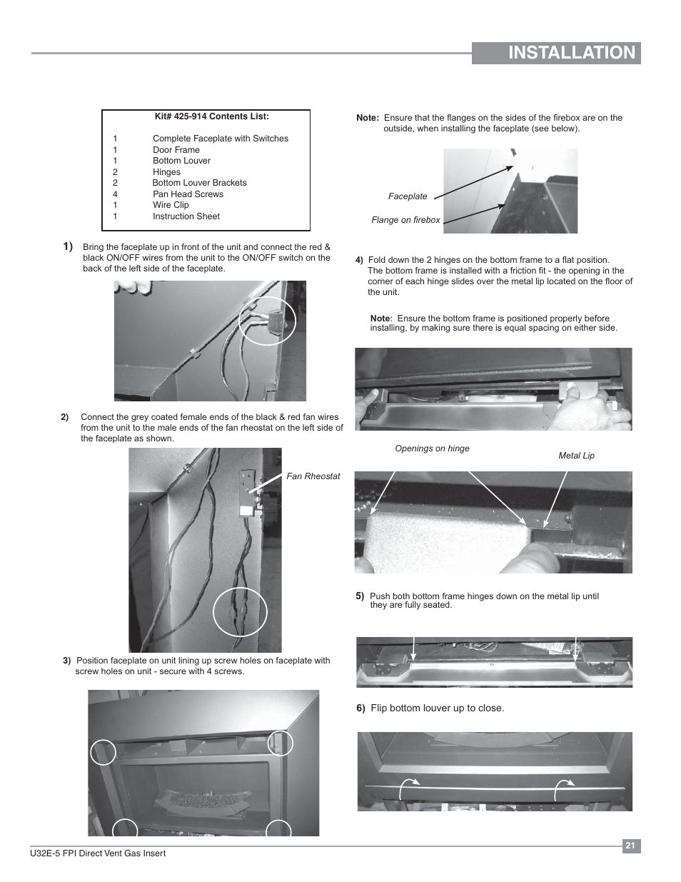 Installation, Contemporary faceplate and doorframe installation | Regency Energy U32E Medium Gas Insert User Manual | Page 21 / 48