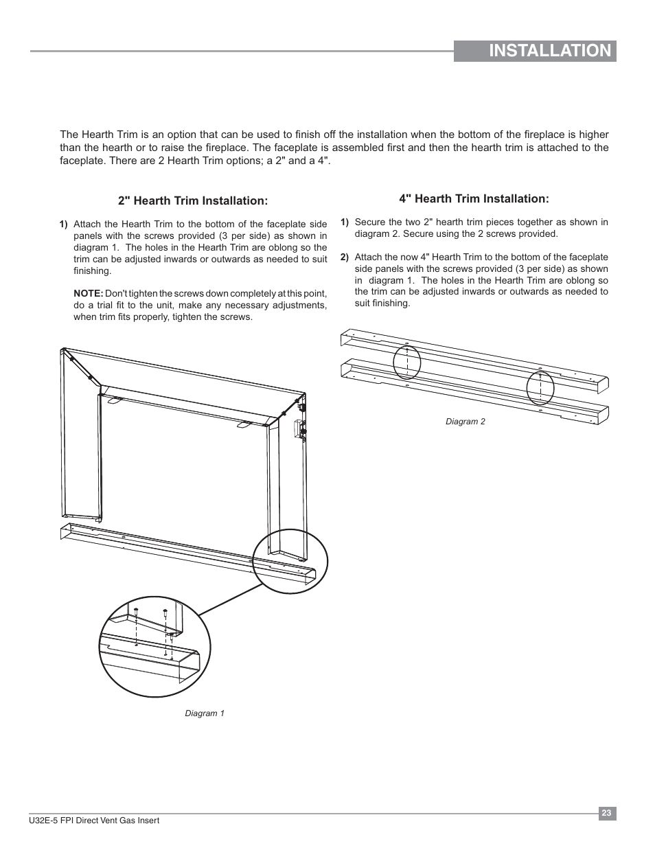 Installation, Optional hearth trim installation | Regency Energy U32E Medium Gas Insert User Manual | Page 23 / 48