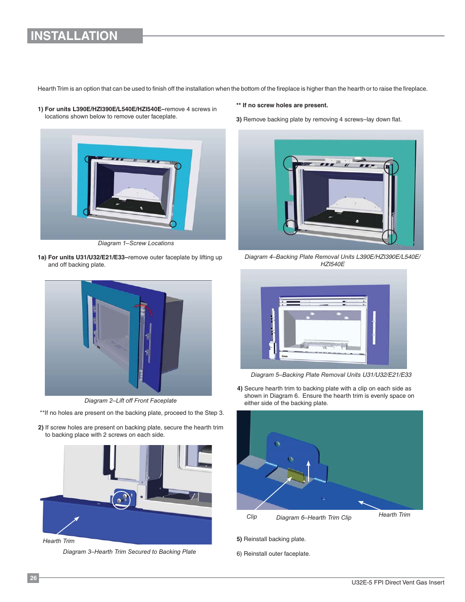 Installation, Low profile hearth trim installation | Regency Energy U32E Medium Gas Insert User Manual | Page 26 / 48