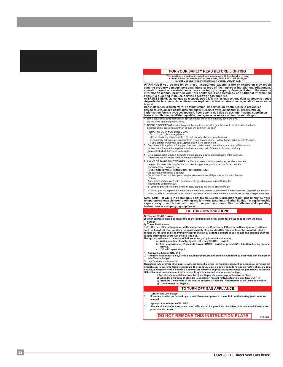Operating instructions, Copy of lighting instruction plate, Shutdown procedure | Lighting procedure | Regency Energy U32E Medium Gas Insert User Manual | Page 32 / 48