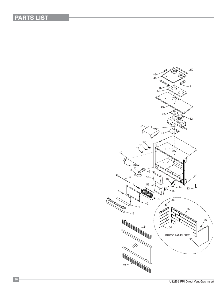 Parts list, Main assembly | Regency Energy U32E Medium Gas Insert User Manual | Page 38 / 48