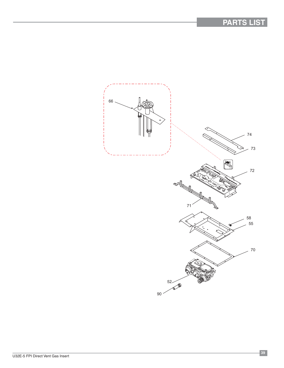 Parts list, Burner assembly | Regency Energy U32E Medium Gas Insert User Manual | Page 39 / 48