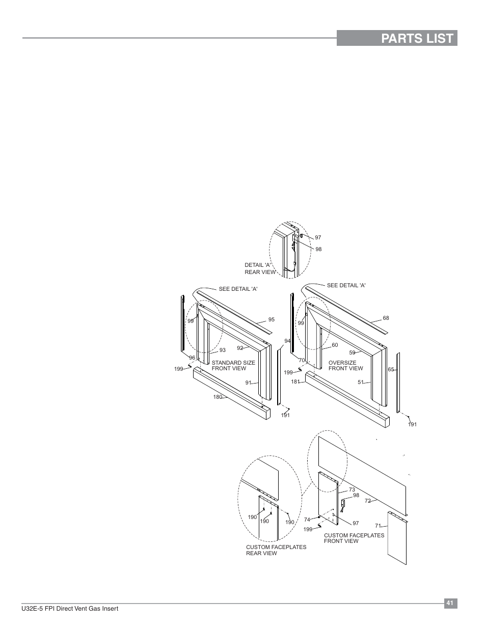 Parts list, Faceplate assembly | Regency Energy U32E Medium Gas Insert User Manual | Page 41 / 48