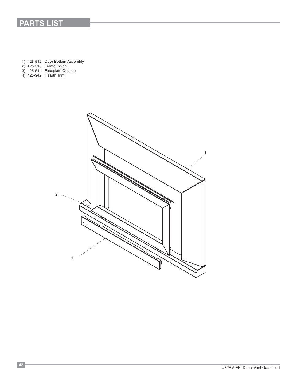 Parts list, Contemporary faceplate and door frame | Regency Energy U32E Medium Gas Insert User Manual | Page 42 / 48