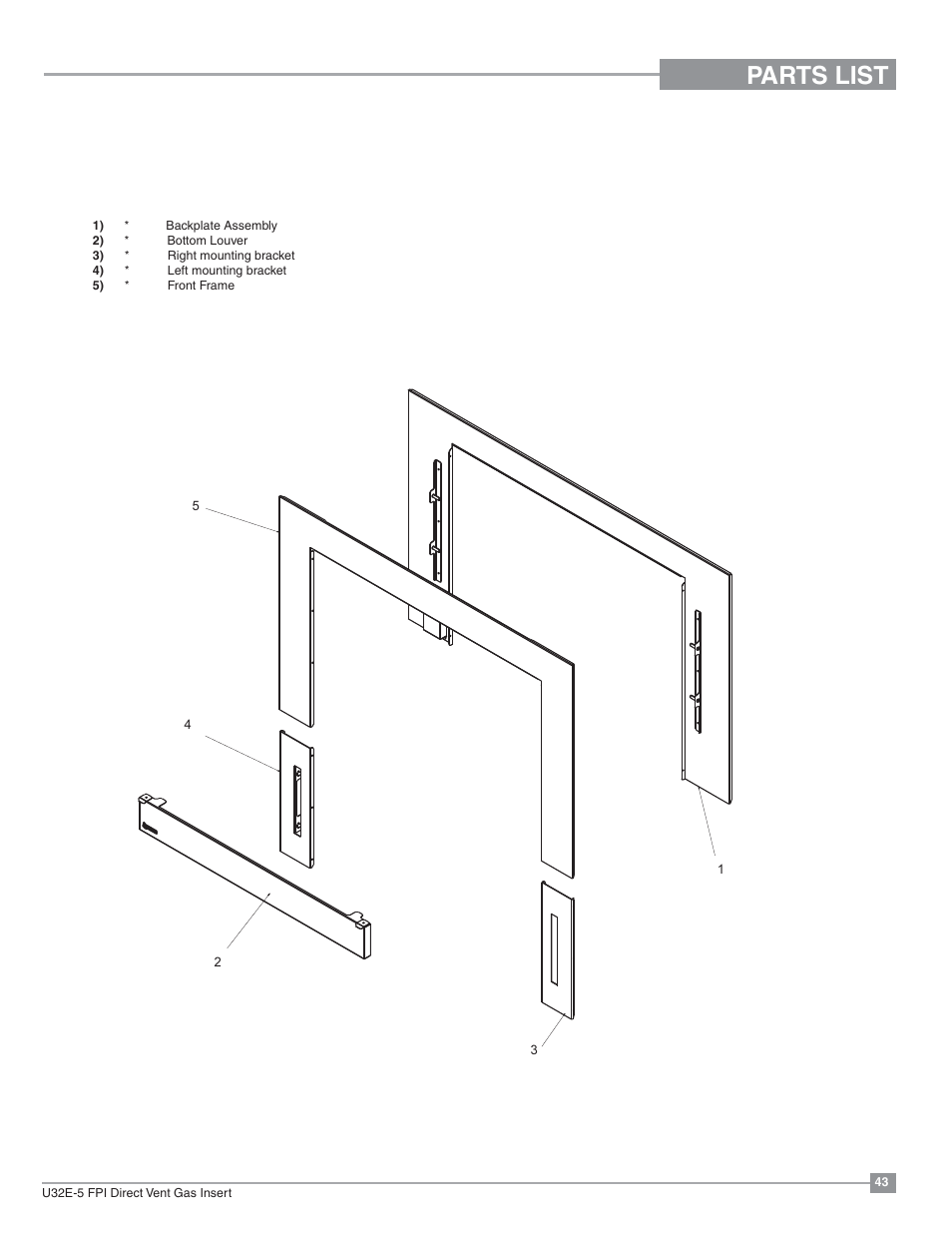 Parts list, Low profile faceplate | Regency Energy U32E Medium Gas Insert User Manual | Page 43 / 48