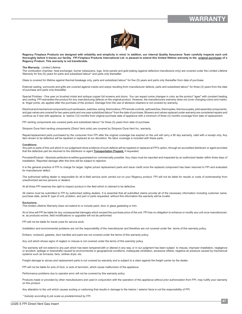 Warranty | Regency Energy U32E Medium Gas Insert User Manual | Page 47 / 48