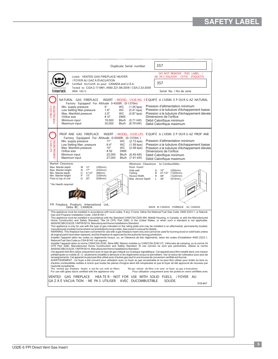 Safety label | Regency Energy U32E Medium Gas Insert User Manual | Page 5 / 48