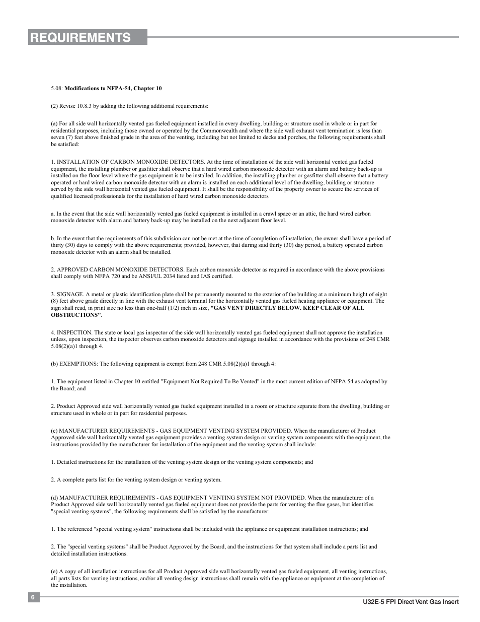 Requirements, Ma code - co detector | Regency Energy U32E Medium Gas Insert User Manual | Page 6 / 48